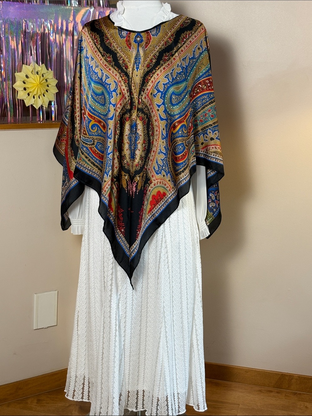 Paisley Print Square Scarf Wrap in Black, Blue & Gold